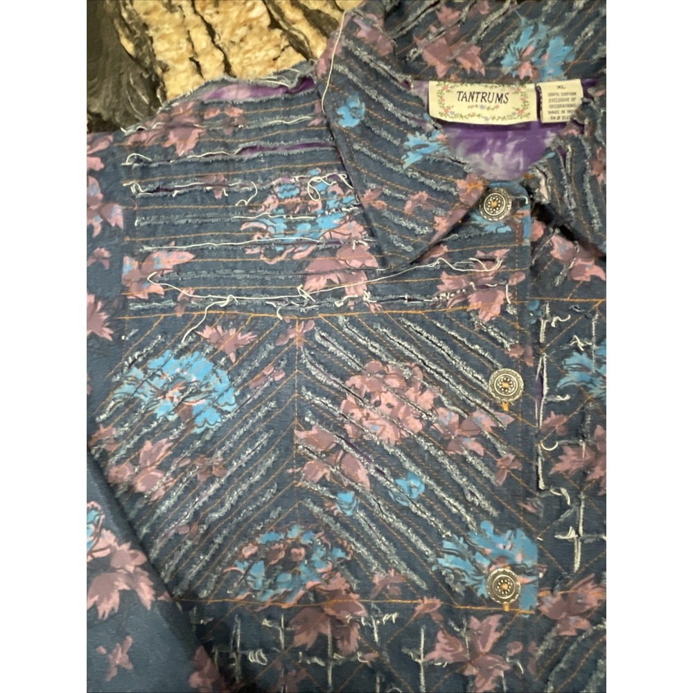 VTG Jean Jacket Painted Flowers Floral Shredded Denim Tantrums Women's XL - Picture 6 of 14